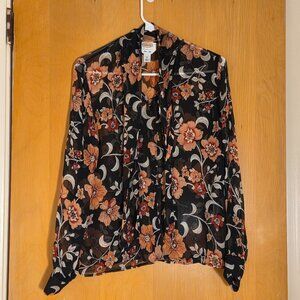 Vtg Talbots Pure Silk Button Up Tie Neck Top Womens 6 Sheer Floral Witchy Whimsy